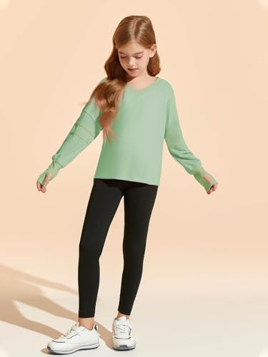 Image of Haloumoning Girls Oversized Long Sleeve T Shirts Kids Casual V Neck Cute Tops Basic Tees with Thumb Holes 4-14Y