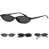 NSODREEM Oval Sunglasses for Women Retro Cat Eye 90s y2k Trendy Thin Sunglasses Womens UV Protection (Black Frame + Black Lens)