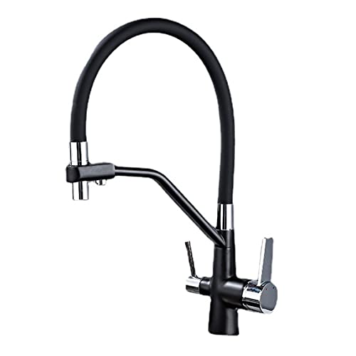 XHALERY Grifos de cocina, grifo de manguera flexible de silicona negra, doble palanca, extraíble, grifo mezclador de cocina, acabado cepillado