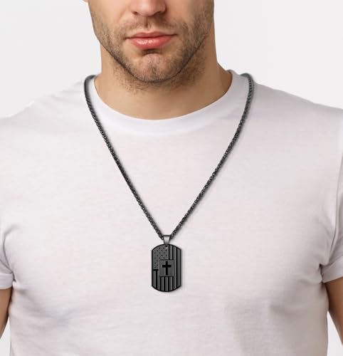 Dog Tag Christian Necklace for Men, Bible Verse American Flag Cross Necklace for Birthday Christmas First Communion Baptism Gifts2