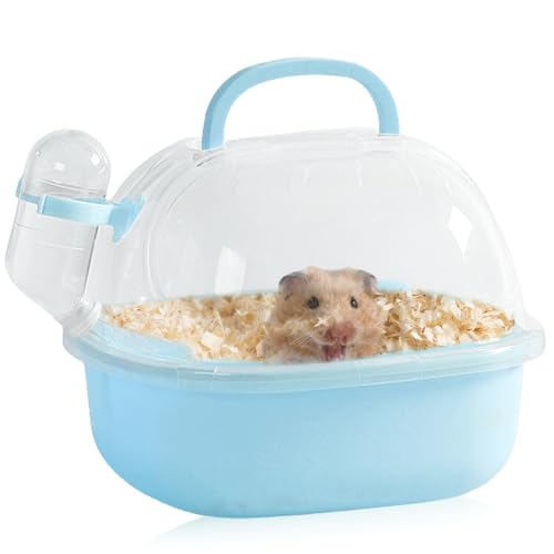 Cage de transport portable pour hamster avec bouteille d'eau, 20 x 18 x 19 cm, avec fentes d'aération, pour gerbilles, souris, hamsters nains (bleu)