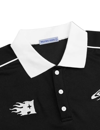 Aelfric Eden Mens Oversized Polo Tee Button Collar Vintage Letter Graphic Patchwork T Shirts Short Sleeve Summer Tops Black — view 3