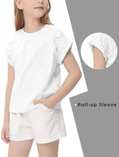 Girls Short Sleeve T-Shirt Top Solid Roll Up Cuffs Crew Neck Fashion Tees with Spliced 3D Floral 3-12Y4