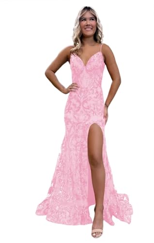 Mermaid Sparkly Sequin Prom Dress with Slit for Women 2025 Spaghetti Straps Tulle Evening Formal Gown