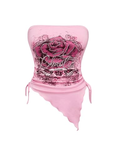 SOLY HUX Women's Y2k Bandeau Tube Tops Graphic Print Asymmetrical Crop Top Aesthetic Clothes