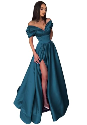 Image of Pleated Off The Shoulder Satin Prom Dresses for Women, Formal Evening Gowns Cocktail Party Dresses with Slit&Pockets