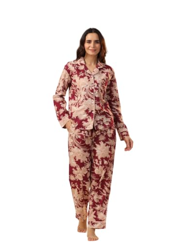 Image of SANSKRUTIHOMES Women's Premium 100% Cotton Printed Night Suit Set | Elegant Full Sleeve Collar Top & Pyjama | Soft & Breathable Premium Loungewear for Women