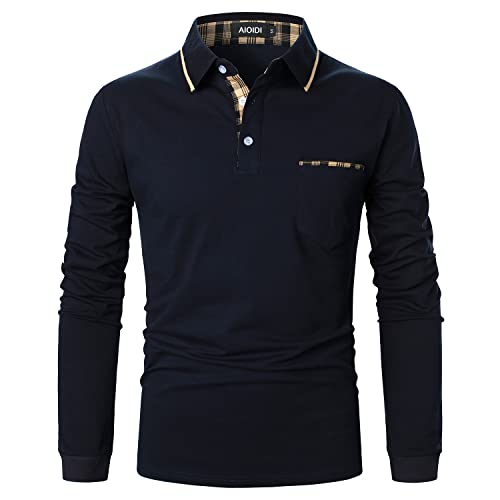 AIOIDI Polo pour Homme Manches Longues Cotone Slim Fit Plaid Rayée Top Shirt avec Poche,Bleu 1,L