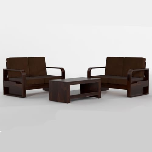 Image of Solid Sheesham Wooden 4 Seater Sofa Set for Living Room | Sofa Set with Side Pocket Storage & Cushion | Rosewood Sofa Set for Home (Walnut with Brown Cushion, 4 Seater)