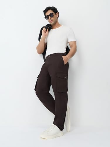 Image of The Souled Store Cargo Pants: Espresso Men and Boys Elastic Waistband Brown Solid Twill Stretchable Lightweight Everyday Wear Casual Cotton Straight Fit Cargo Pants