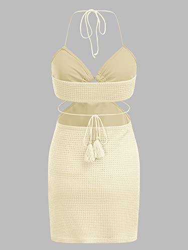 Verdusa Women's Casual Sleeveless Tie Backless Cut Out V Neck Bodycon Halter Mini Beach Boho Dress Beige M - Image 2