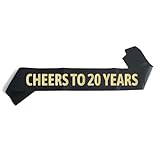 Cheers to 20 Years Sash, 20th Anniversary and Birthday Party Decorations Supplies Favors for Women Men (Black Sash with Gold Glitter Lettering)
