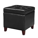 Adeco Storage Ottoman Foot Rest Stool, Leather Ottoman Footstool with Wood Legs and Hinged Lid, 18' Small Foot Stool Bench for Living Room, Bedroom, Black