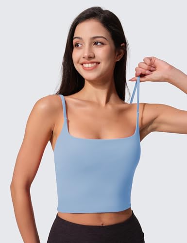 Image of Womens Scoop Neck Longline Sports Bra U Back Adjustable Strap Double Lined Workout Crop Tank Top with Built in Pads