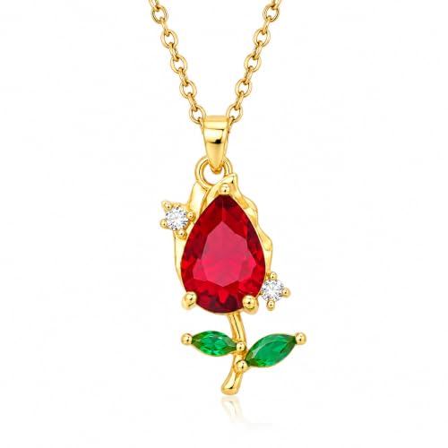 Image of Gold-Tone Rose Pendant Necklace for Women with Red Crystal, Floral Charm Chain Stainless Steel Anti Tarnish Waterproof Hypoallergenic, Gift for Her