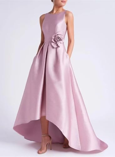 Satin Hi-Low Mother of The Bride Dresses Crew Neck Formal Dress A Line Elegance Wedding Guest Dress with Pockets3