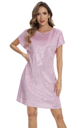 Image of Women's Crewneck Sequin Shift Dress Short Sleeve Casual Holiday Sparkly Party Dress