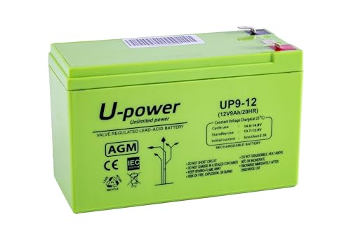 U-Power Batería AGM 12V 9Ah – Sellada Recargable Plomo-Ácido VRLA – para Alarmas, SAI/UPS, Seguridad, Juguetes Eléctricos y Más – Terminal Faston F2 (6.3 mm)