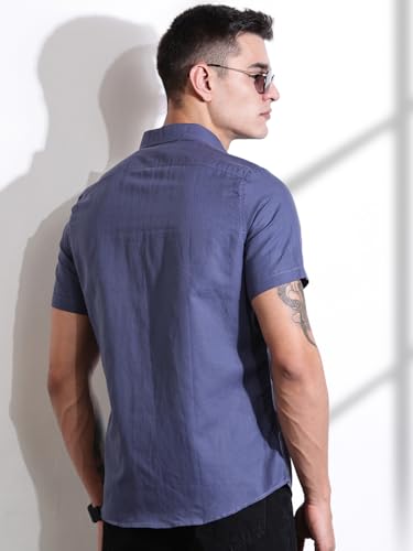 Image of Thomas Scott Men's | Solid | Half Sleeve | Slim Fit | Linen Blend | Double Flap Pocket | Spread Collar | Casual Shirt for Men
