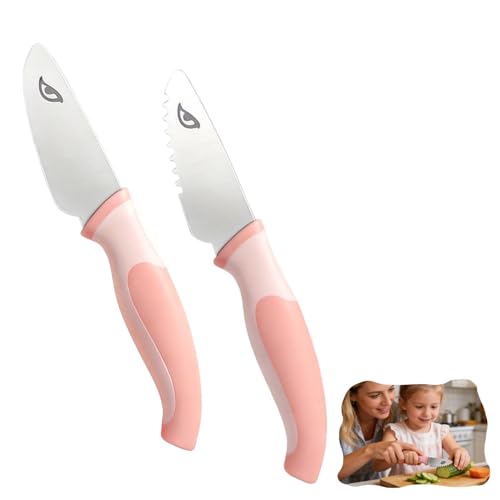DealKits Set de Cuchillos de Cocina para Niños a partir de 2 Años, 2 Cuchillos de Seguridad para Cortar Frutas y Verduras, Puntas Redondeadas, Herramienta Montessori Acero Inoxidable Niños(rosa)