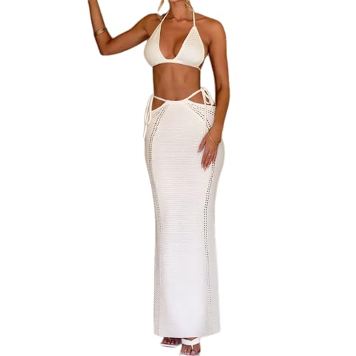 Women's Sexy Backless Slim 2 Piece Swimsuit Beach Bikini Dress Knitted Hollow Out Cover Up Set