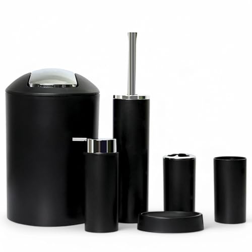 6tlg Badset Badezimmer Zubehör Set Organizer: Seifenspender, Zahnputzbecher, Kosmetikeimer, WC Bürste und Halter, Seifenschale, Mülleimer, Zahnbürstenhalter, Badgarnitur (Schwarz Design 2a)