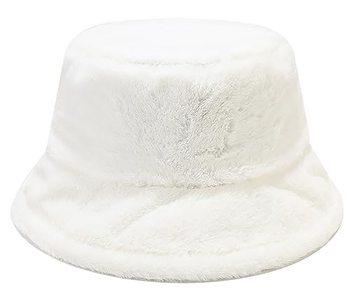 XYIYI White Women's Winter Faux Fur Fuzzy Bucket Hat Warmer Fisherman Cap