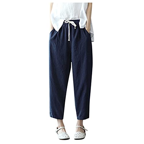 Womens Cotton Linen Pants,Casual Pocket Drawstring Elastic Waist Capri Pants Summer Loose Comfy Wide Leg Crop Pants