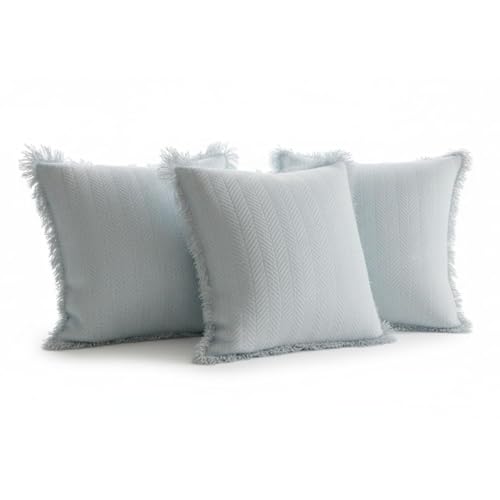 Image of Cotton Cushion Covers 16x16 Inch | Handwoven Light Blue Decorative Square Cushion Case with Fringe | Sofa, Living Room, Bedroom, Diwan Home Decor Throw Cushion Cover