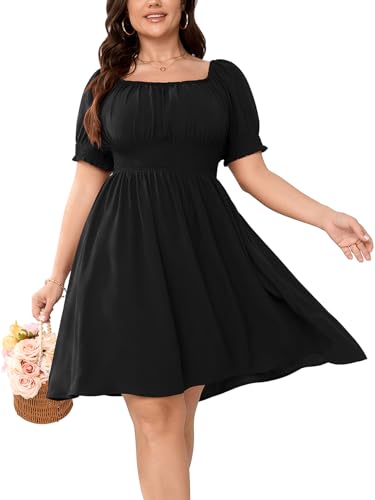 SHESTARR Women Plus Size Square Neck Mini Dress Puff Sleeve Smocked Flowy A-Line Boho Casual Short Dresses Black