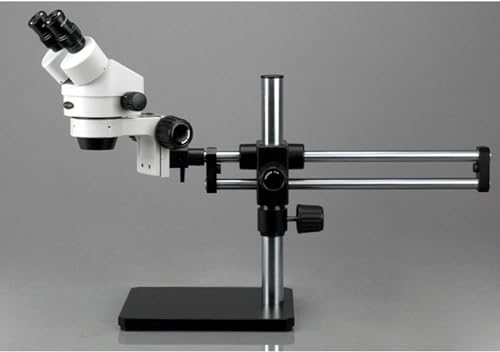 Image of AmScope SM-5BX-FRL Professional Binocular Stereo Zoom Microscope, WH10x Eyepieces, 3.5X-45X Magnification, 0.7X-4.5X Zoom Objective, 8W Fluorescent Ring Light, Ball-Bearing Double-Arm Boom Stand, 110V-120V, Includes 0.5X Barlow Lens