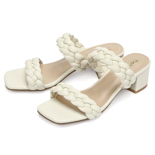 DOBOLIN Wide Width Heels for Women Braided Short Chunky Heels Comfortable Dressy Summer Sandals Slip on Shoe for Wedding Party White, US Size 7 by DOBOLIN - Used condition - Image 9