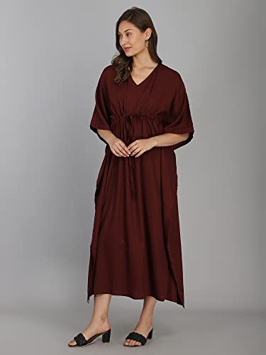 Image of Serein Women's Kaftan Dress (Maroon Polka Printed Crepe Kaftan Maxi with Waist String & V-Neck) (Maroon, Large) (SER-DRESS-GU-1-L)