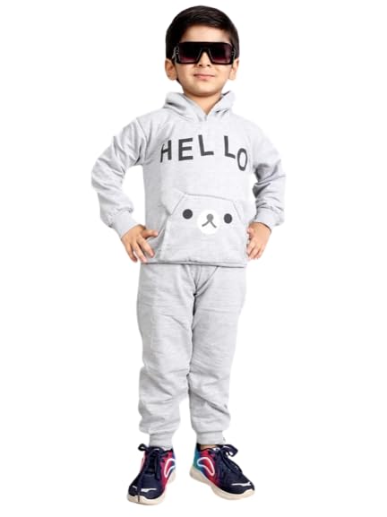 Image of Kids Cotton Blend Hoodie and Jogger Set for Winter - Warm & Comfortable with Cute Print for Boys and Girls (Grey)