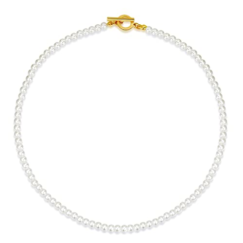 Luxval Pearl Necklaces Choker for Women,Cream White Pearl Jewelry, 14K Gold Plated Handmade Dainty Toggle Clasp Necklace for Women Jewelry Gifts