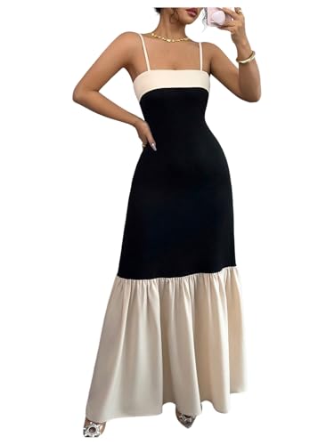 Image of SOLY HUX Women's Color Block Ruffle Hem Maxi Dress Spaghetti Strap Elegant Long Cami Dresses