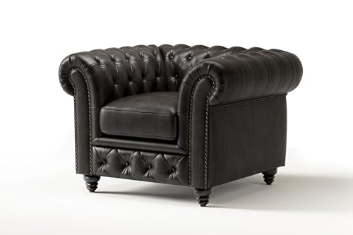 Sillón clásico negro de cuero con respaldo capitoné miniatura 3