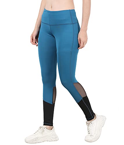 Image of The Dance Bible Women High Waist Solid Arctic Blue Mesh Net Design Gym Leggings Tights with Back Zip Pocket