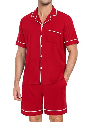 Image of SWOMOG Mens Pajama Set Short Sleeve 2 PCS Sleepwear Button Down Soft Loungewear Modal Set Pj Set with Pockets S-3XL
