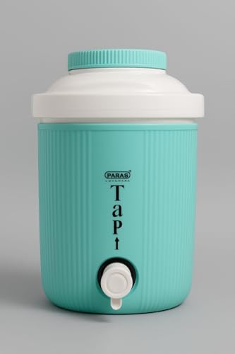 Image of Water Dispenser, Turquoise Plastic Container with Tap, Ribbed Design