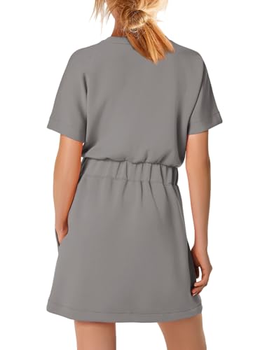 Image of SENSERISE Womens Short Sleeve T Shirt Dresses Crew Neck Solid Color Basic Smocked Waist Dress with Pockets