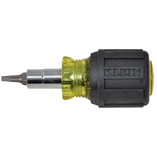 Klein Tools 32562 Multi-Bit Screwdriver / Nut Driver 6-in-1 Stubby Tool with Square Recess Slotted Phillips Bits and Nut Drivers