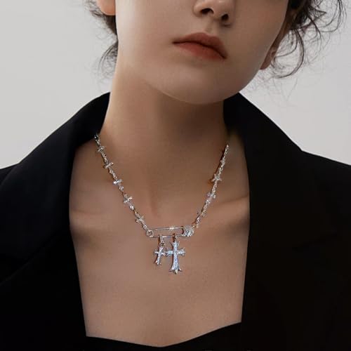 Silver Cross Necklaces for Women Y2K Safety Pin Gothic Cross Cubic Zirconia Pendant Necklace, Aesthetic Necklace Punk Goth Jewelry for Women Men2