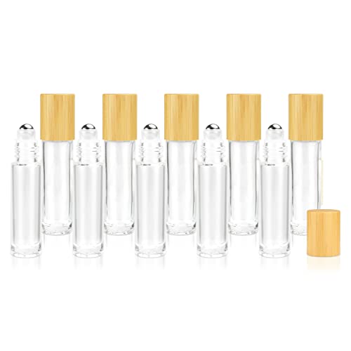 10 Pack 10ml/0.33 Oz Bamboo Roll On Bottle,Empty Clear Glass Roller Bottle for Essential Oils Stainless Steel Roller Balls Perfume Travel Vial Container-Pipette&Opener Included