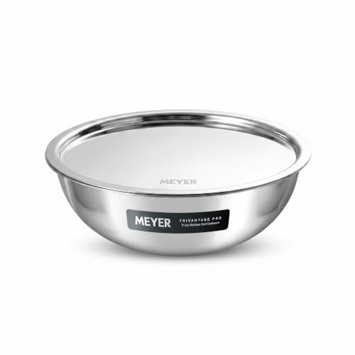 Image of Meyer Trivantage Pro Tasla, Triply Stainless Steel Cookware SS 304 Grade with Lid | Triply Tasla /Tasra Cook & Serve | Induction Base cookware | 22 CM 2.15 Liters | 10 Year Warranty | Silver