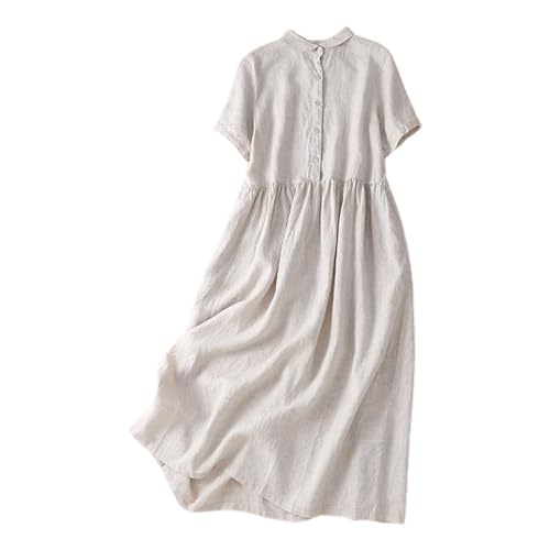 Generisch Damen Vintage Partykleider Mit Knöpfen Kurzarm Baumwolle Leinen Elegant Kleider Lockere Modische Kleider Sommer Atmungsaktiv Strandkleid...