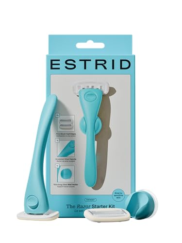 Estrid Starter Kit - Steel Razor + 2 * 5 blade Refill + Wall holder Razor for Body Vegan For sensitive skin 2 refill cartridges (Aqua)