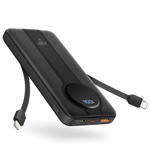 Aioneus Portable Charger, 10000mAh Power Bank with Built in Cables, 22.5W USB C in/Out Fast Charging Powerbank, Slim Travel Battery Charger Pack for iPhone 16 15 Samsung Galaxy S24 S10e Android Phone