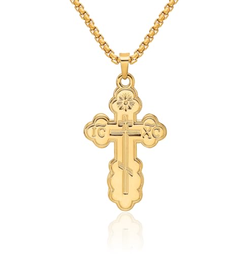 IceCarats 14K Solid Yellow Gold Eastern Russian Orthodox Holy Cross Necklace Religious Chain Pendant Jesus Christ Charm