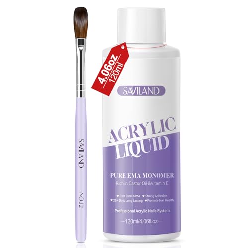SAVILAND Monomer Acrylic Nail Liquid: 4 oz Low Odor Non-Yellowing Acrylic Liquid Monomer with #12 Nail Brush for Acrylic Powder Application Beginners At-Home DIY & Professional Salon Use